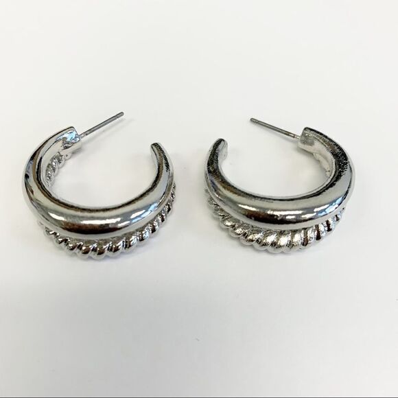 Silver Textured Metal Double Hoop Huggies - Picture 3 of 5